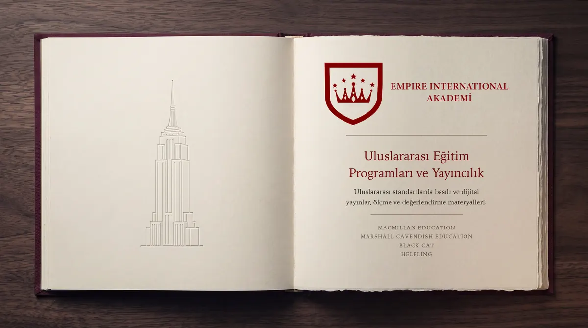 Açık kitap sayfasında Empire International Akademi arması ve misyonu